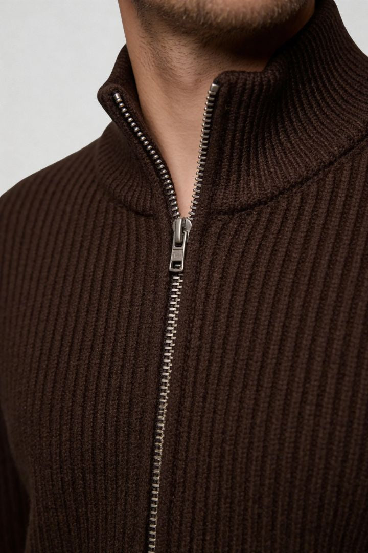Valerio Ribbed Zip Knit Cardigan - Espresso