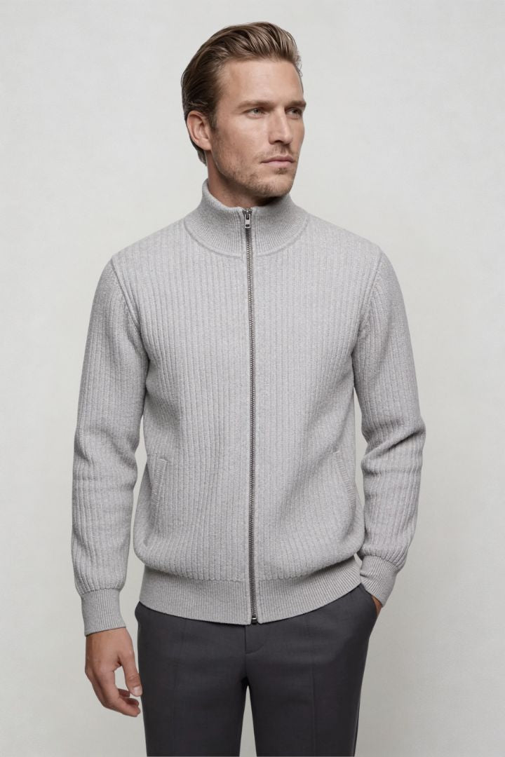 Valerio Ribbed Zip Knit Cardigan - Grey