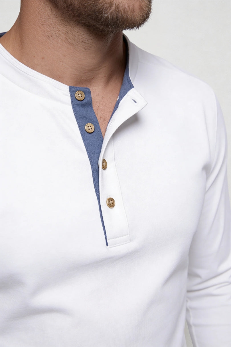 Wesley Cotton Henley Long Sleeve Shirt - White