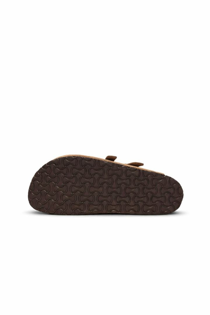 Suede Double-Buckle Clog Sandals - Camel