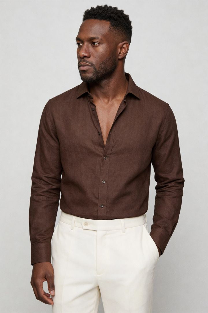 Linen Button-Up Shirt - Brown