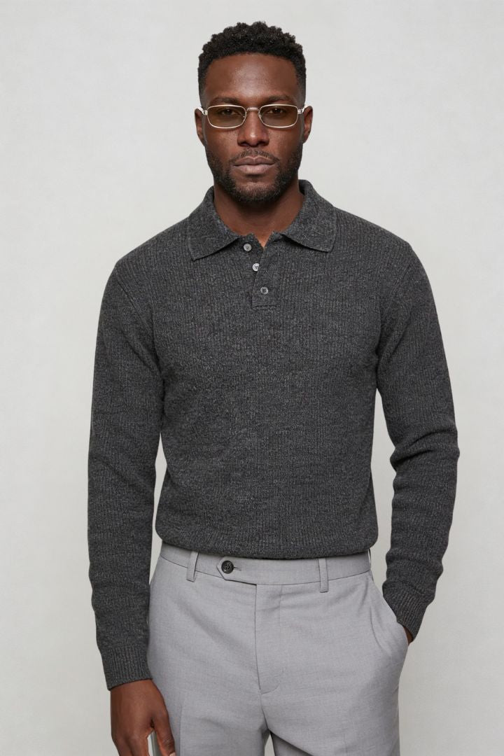 Redford Long Sleeve Knit Polo - Grey