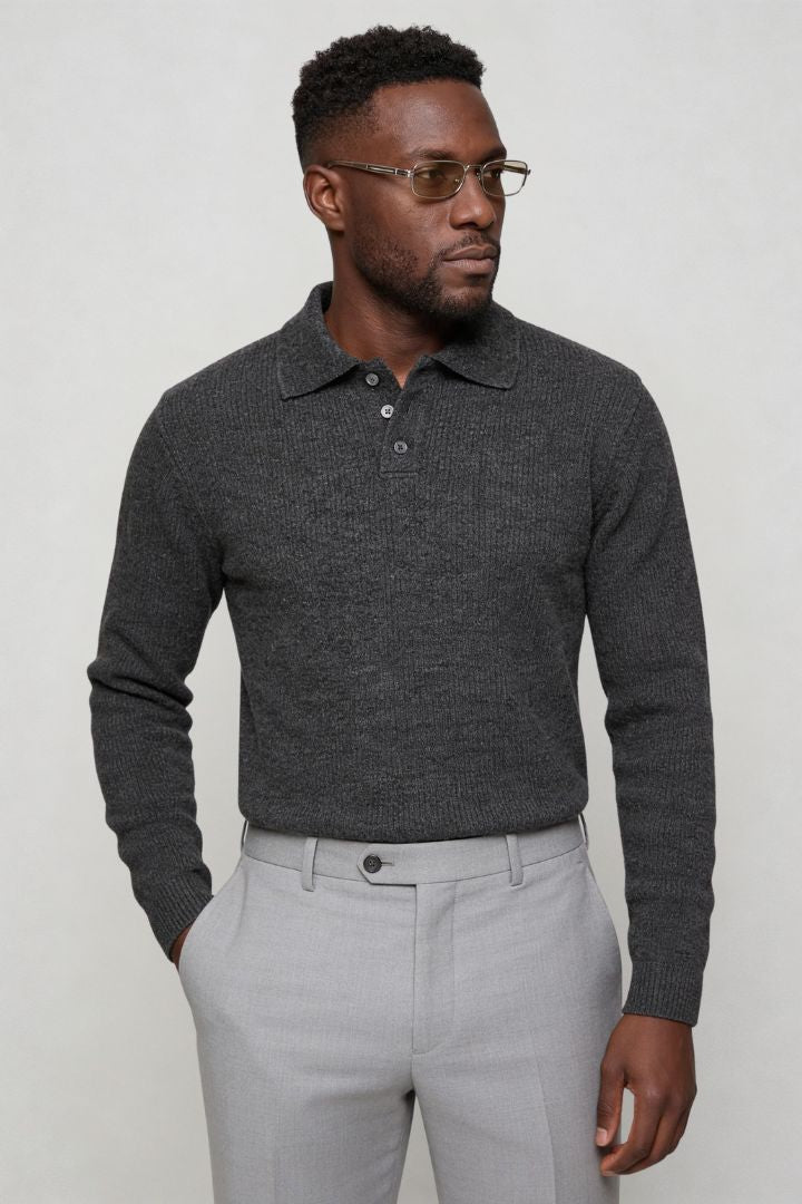 Redford Long Sleeve Knit Polo - Grey