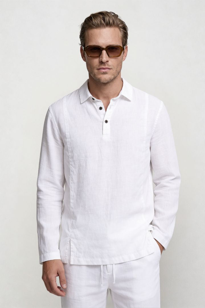Everett Linen Polo Set - White