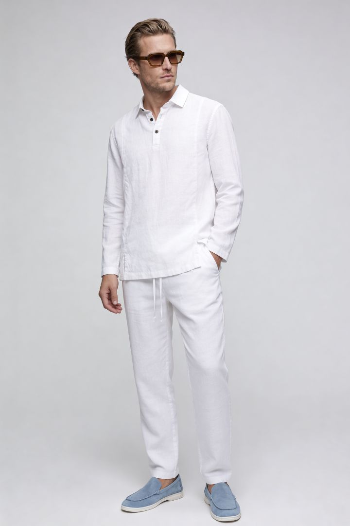 Everett Linen Polo Set - White