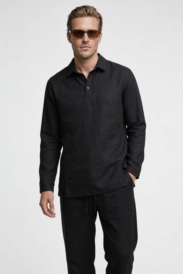 Everett Linen Polo Set - Black