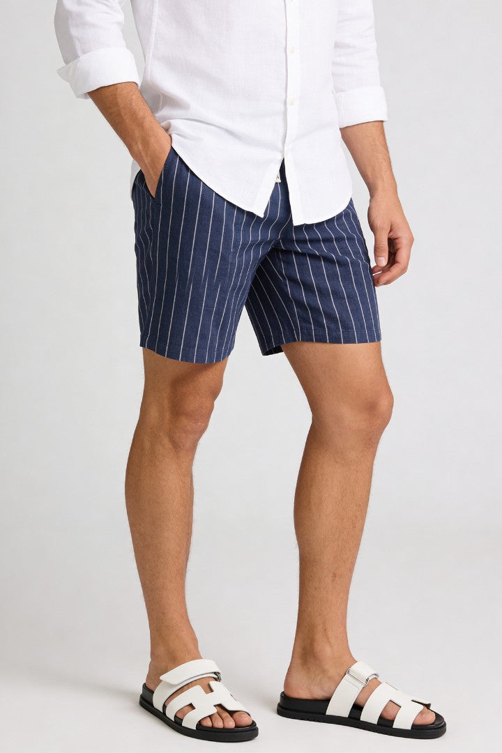 Tristan Linen Stripe Shorts - Navy