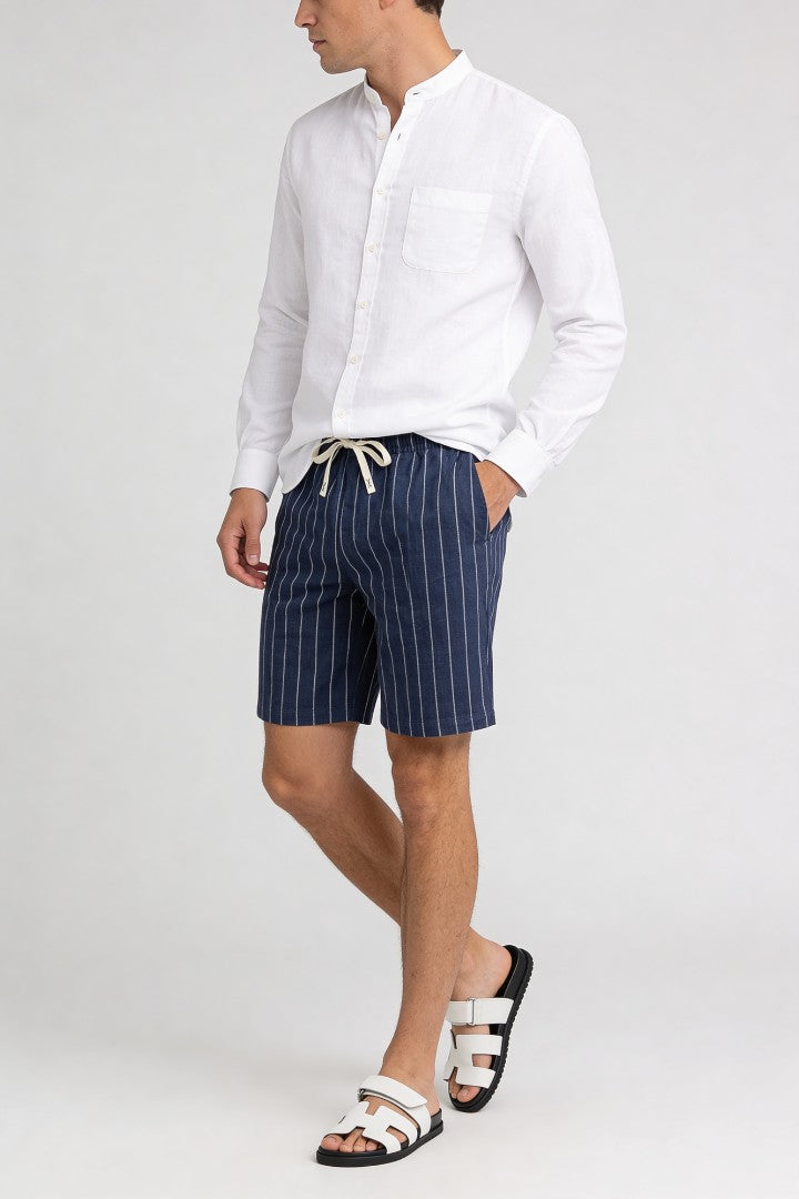 Tristan Linen Stripe Shorts - Navy