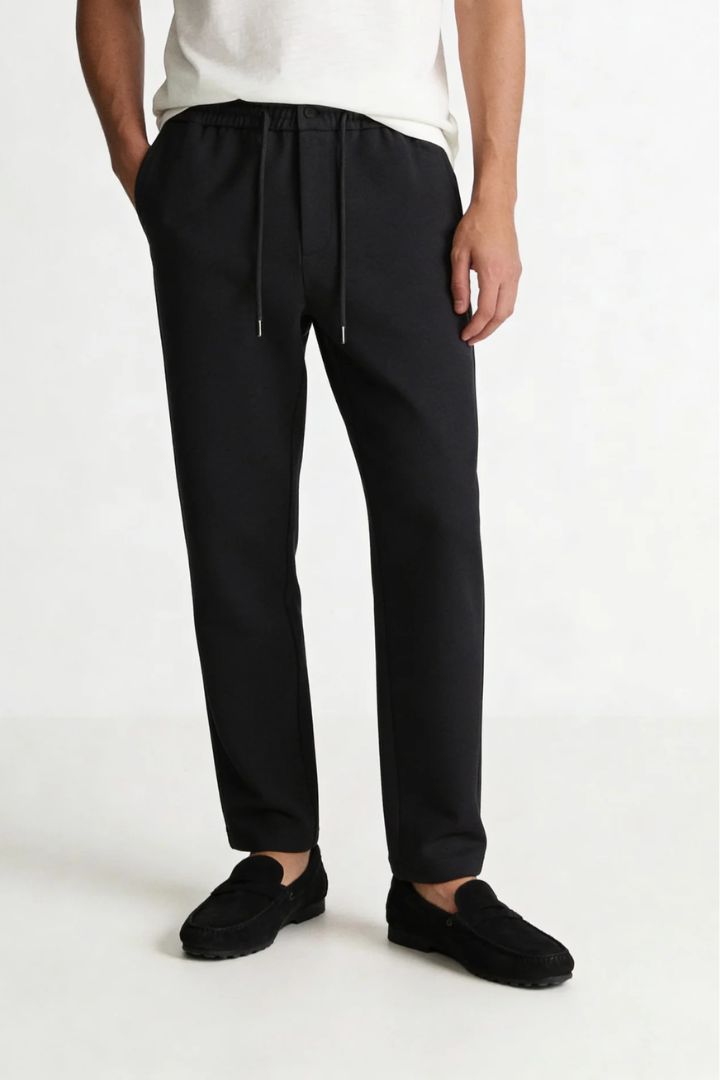 Wool Blend Drawstring Trousers - Jet Black