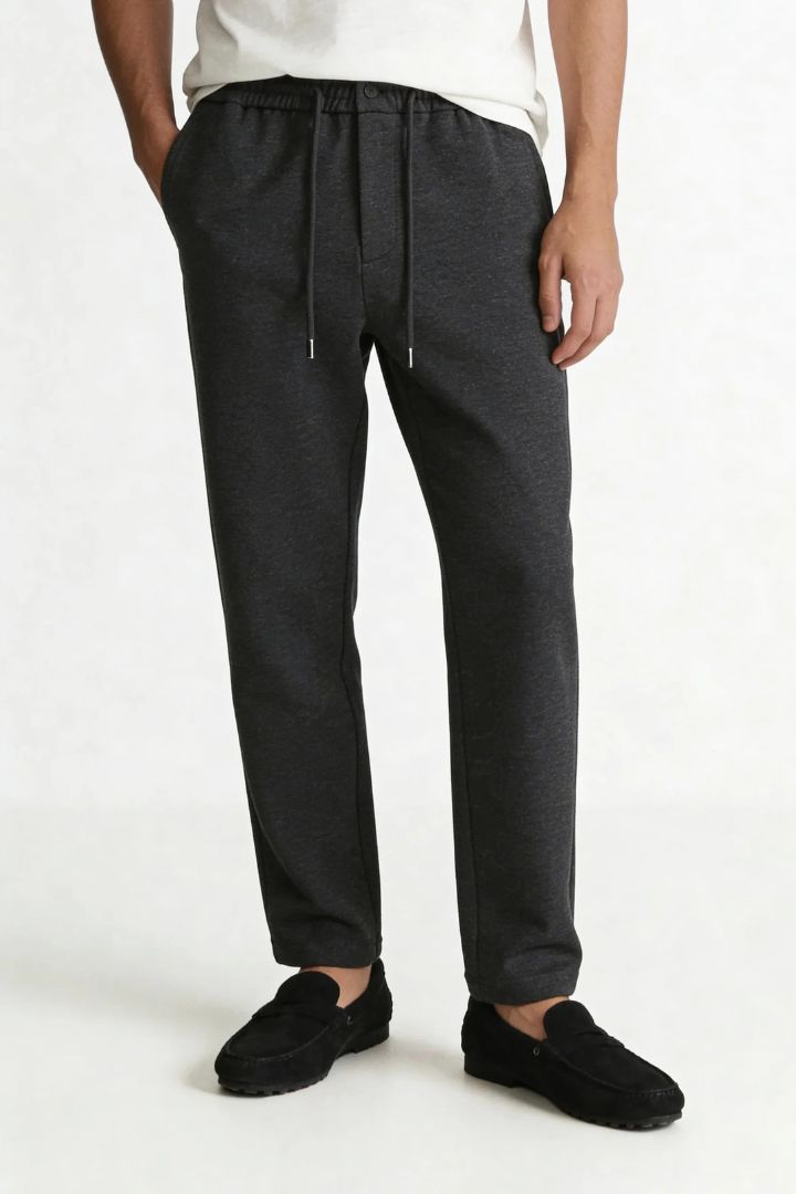 Wool Blend Drawstring Trousers - Charcoal Grey