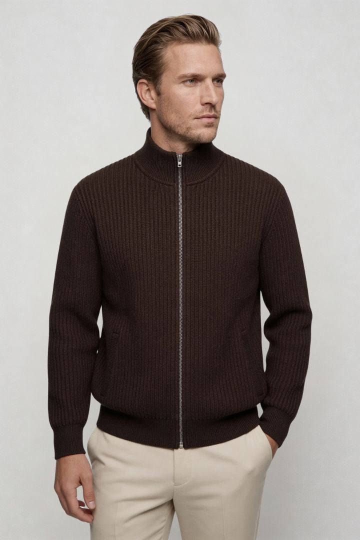 Valerio Ribbed Zip Knit Cardigan - Espresso
