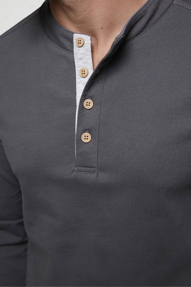 Wesley Cotton Henley Long Sleeve Shirt - Charcoal