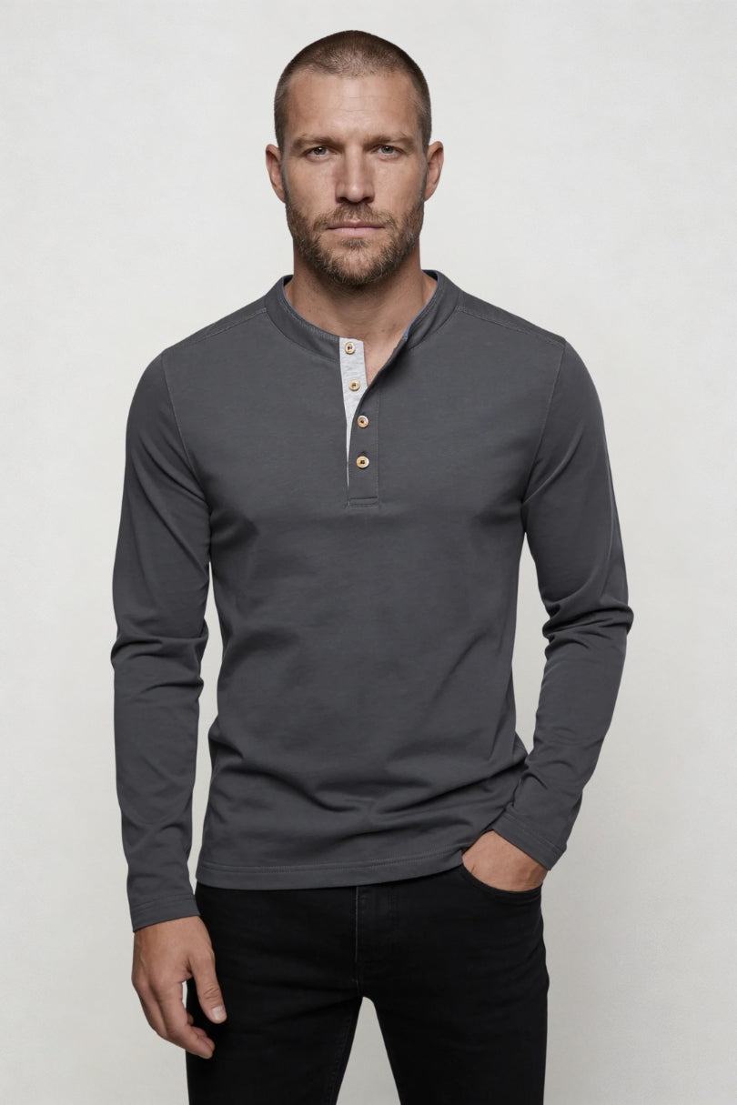 Wesley Cotton Henley Long Sleeve Shirt - Charcoal