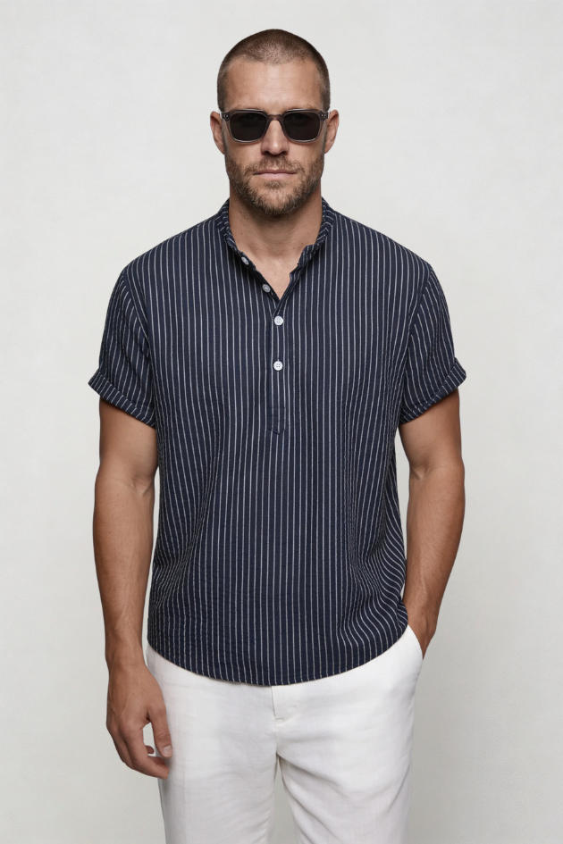 Kasen Striped Henley Shirt - Navy