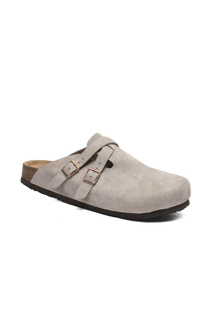 Suede Double-Buckle Clog Sandals - Stone