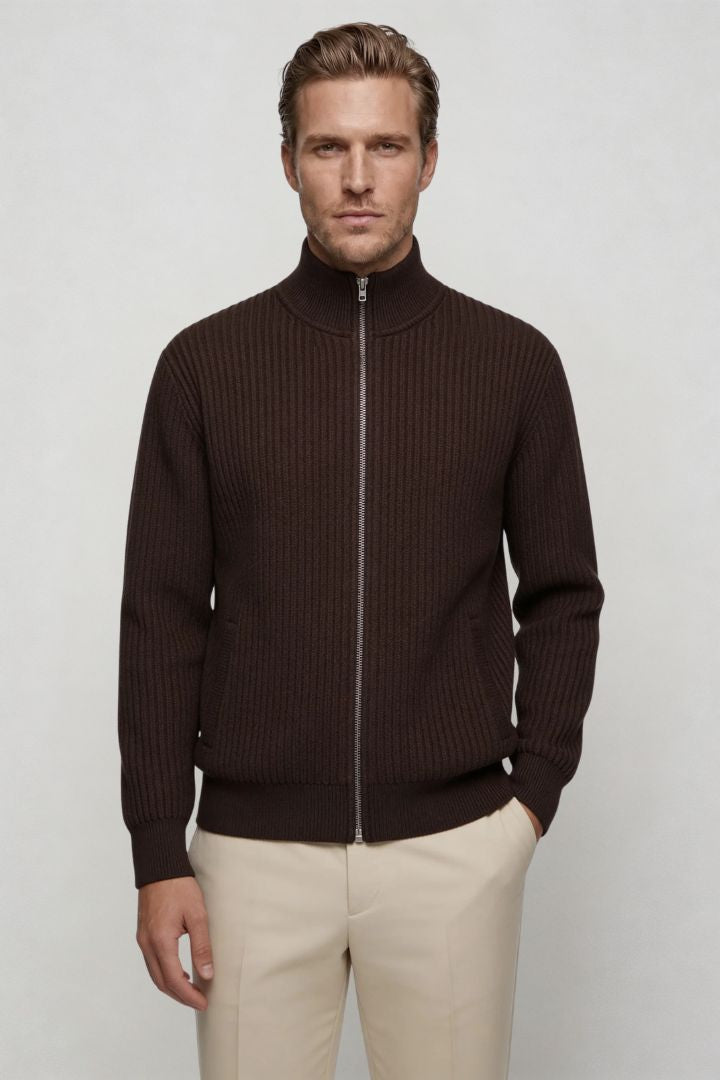 Valerio Ribbed Zip Knit Cardigan - Espresso