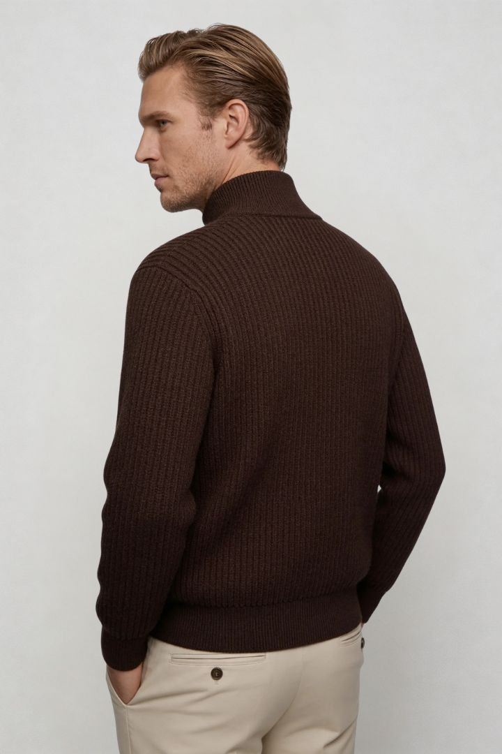 Valerio Ribbed Zip Knit Cardigan - Espresso