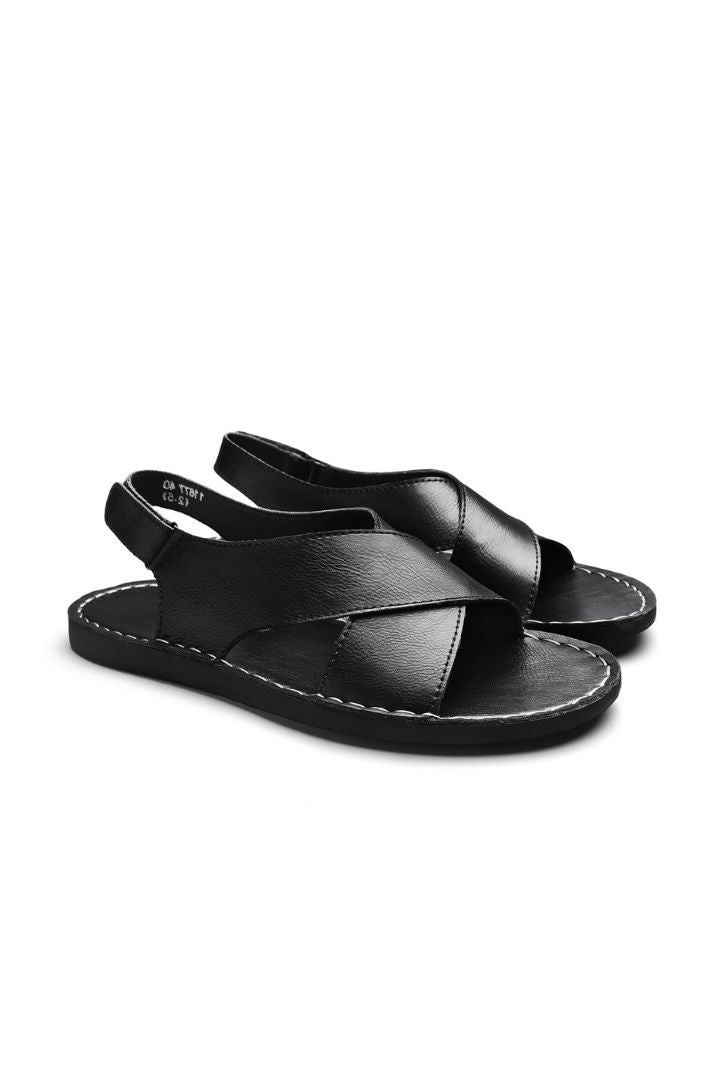 Alvaro Cross-Strap Leather Sandals - Black