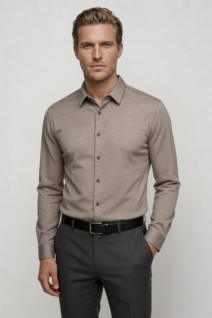 Cassian Wrinkle-Free Knit Dress Shirt - Taupe