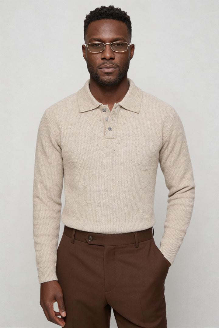 Redford Long Sleeve Knit Polo - Beige