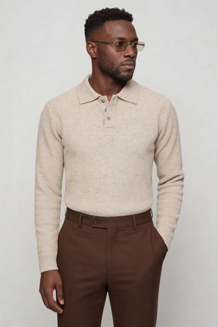 Redford Long Sleeve Knit Polo - Beige