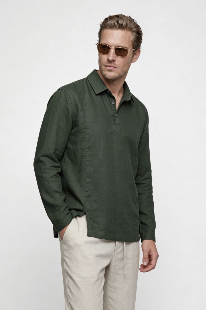 Everett Linen Polo Set - Forest Green