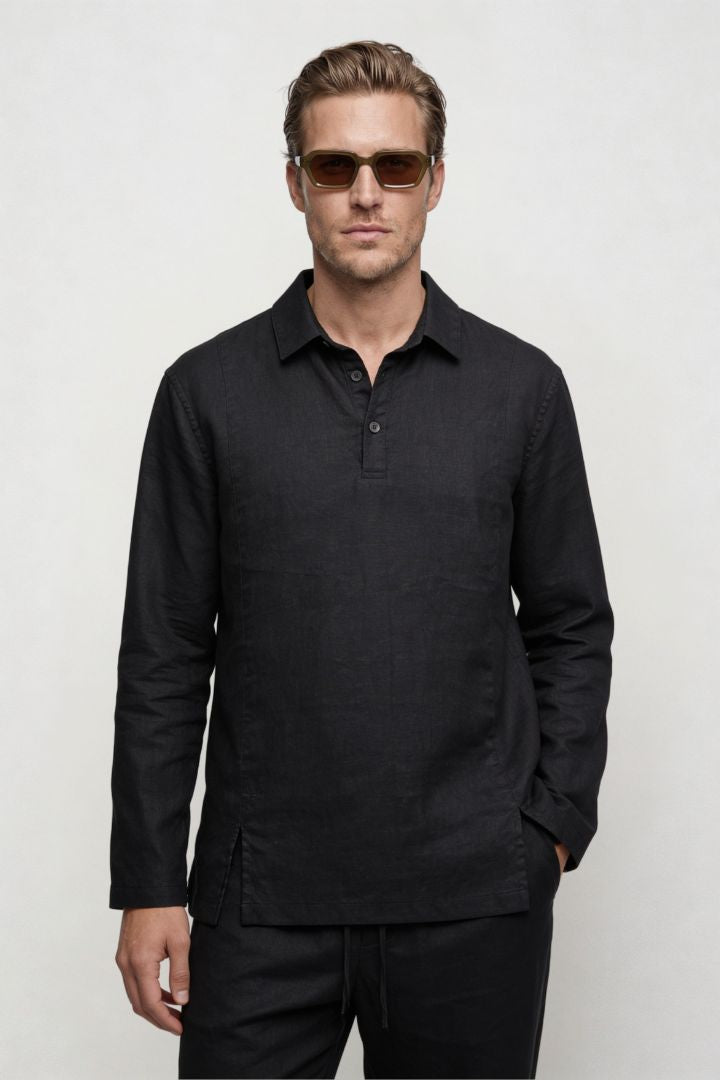 Everett Linen Polo Set - Black