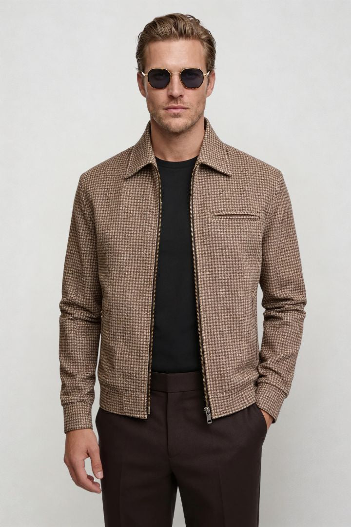 Victor Structured Check Zip Jacket - Brown
