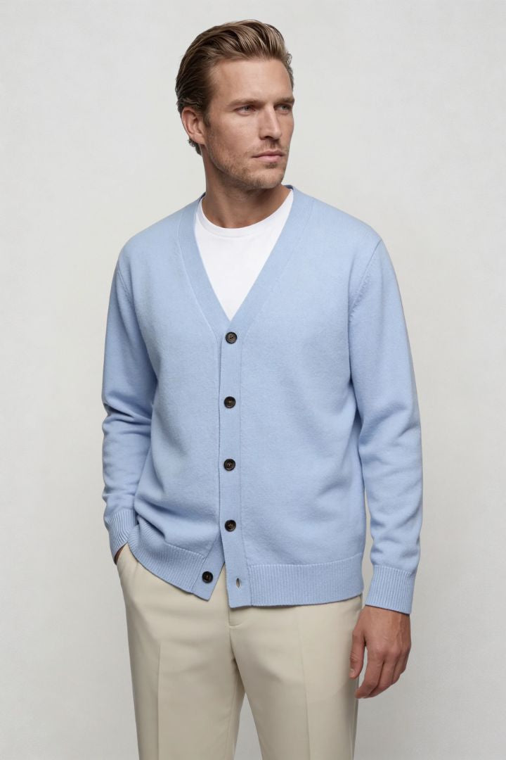 Milan Pure Wool V-Neck Cardigan - Sky Blue
