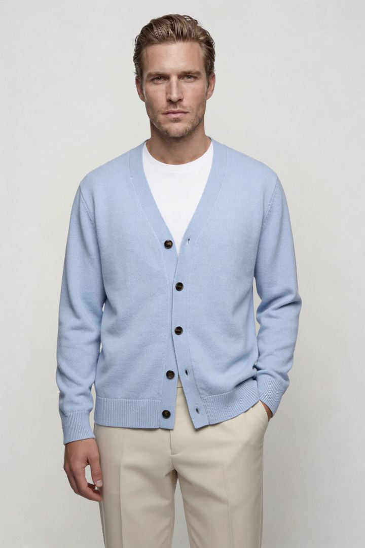 Milan Pure Wool V-Neck Cardigan - Sky Blue