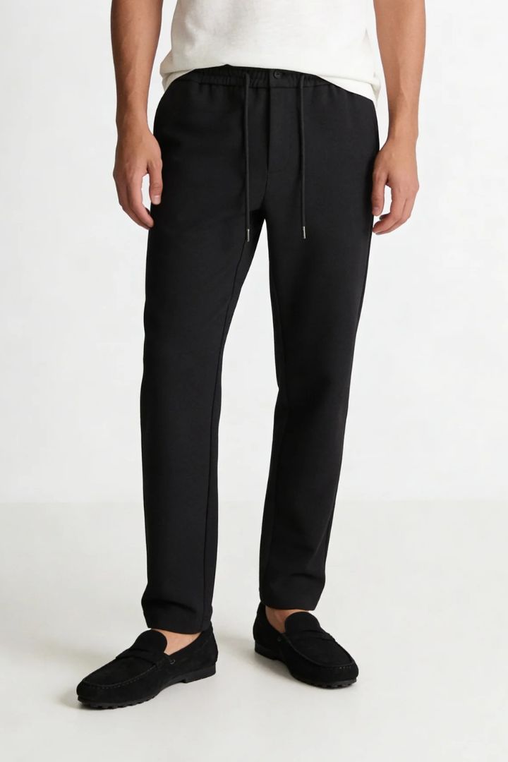 Wool Blend Drawstring Trousers - Jet Black