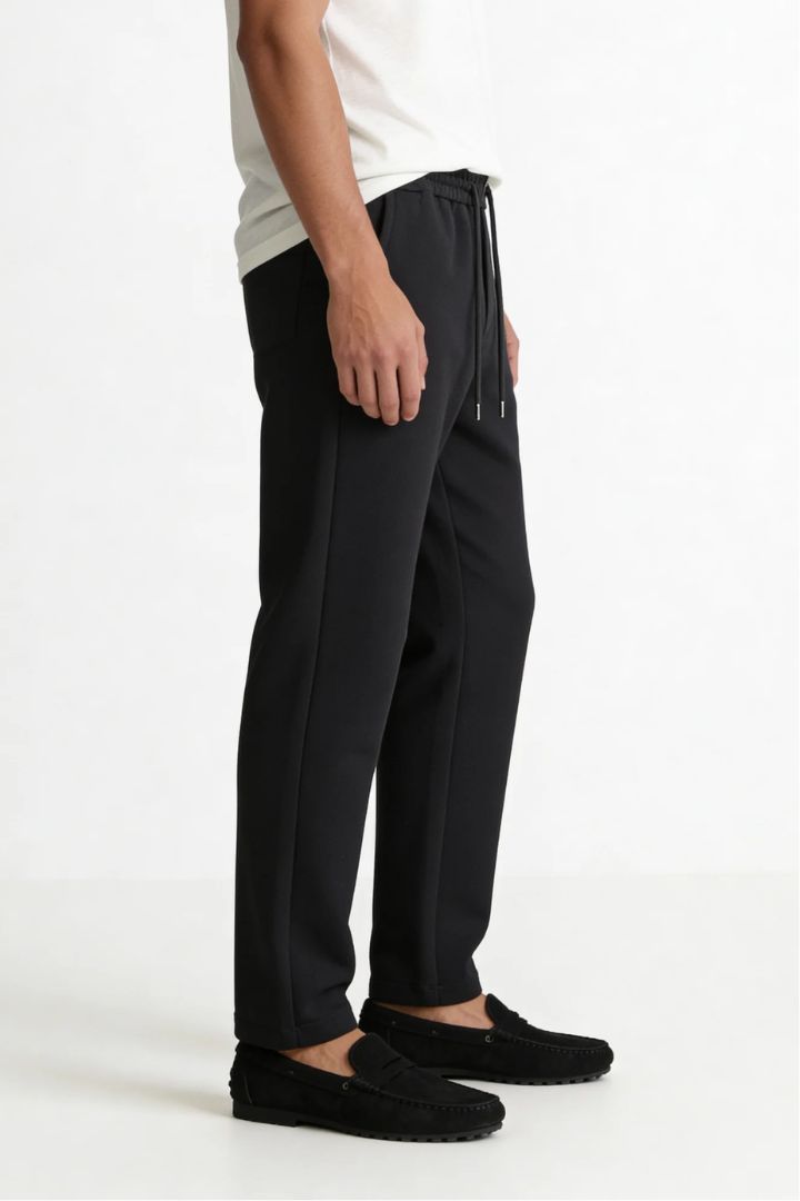 Wool Blend Drawstring Trousers - Jet Black