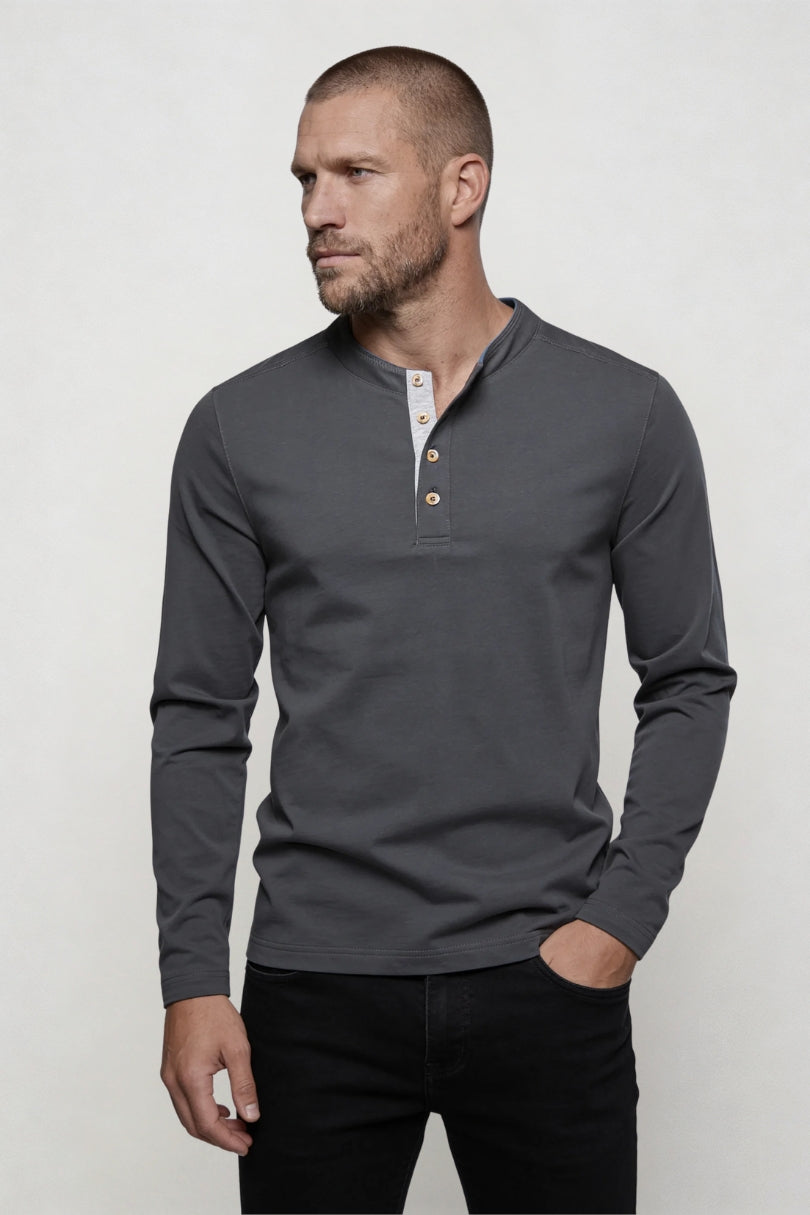 Wesley Cotton Henley Long Sleeve Shirt - Charcoal