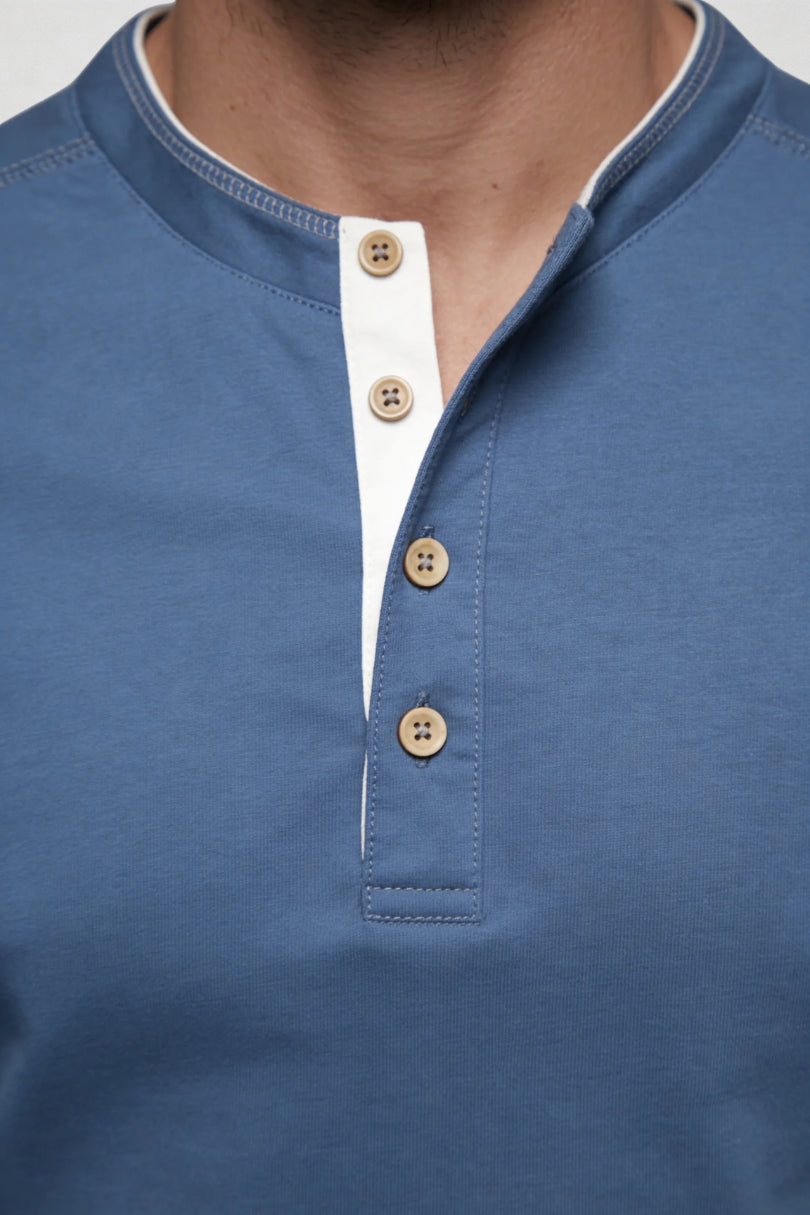 Wesley Cotton Henley Long Sleeve Shirt - Blue