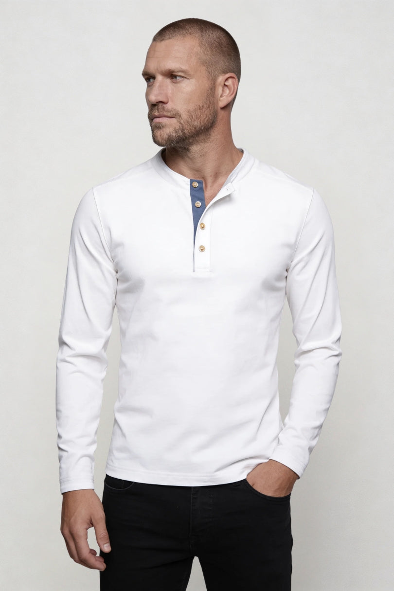 Wesley Cotton Henley Long Sleeve Shirt - White