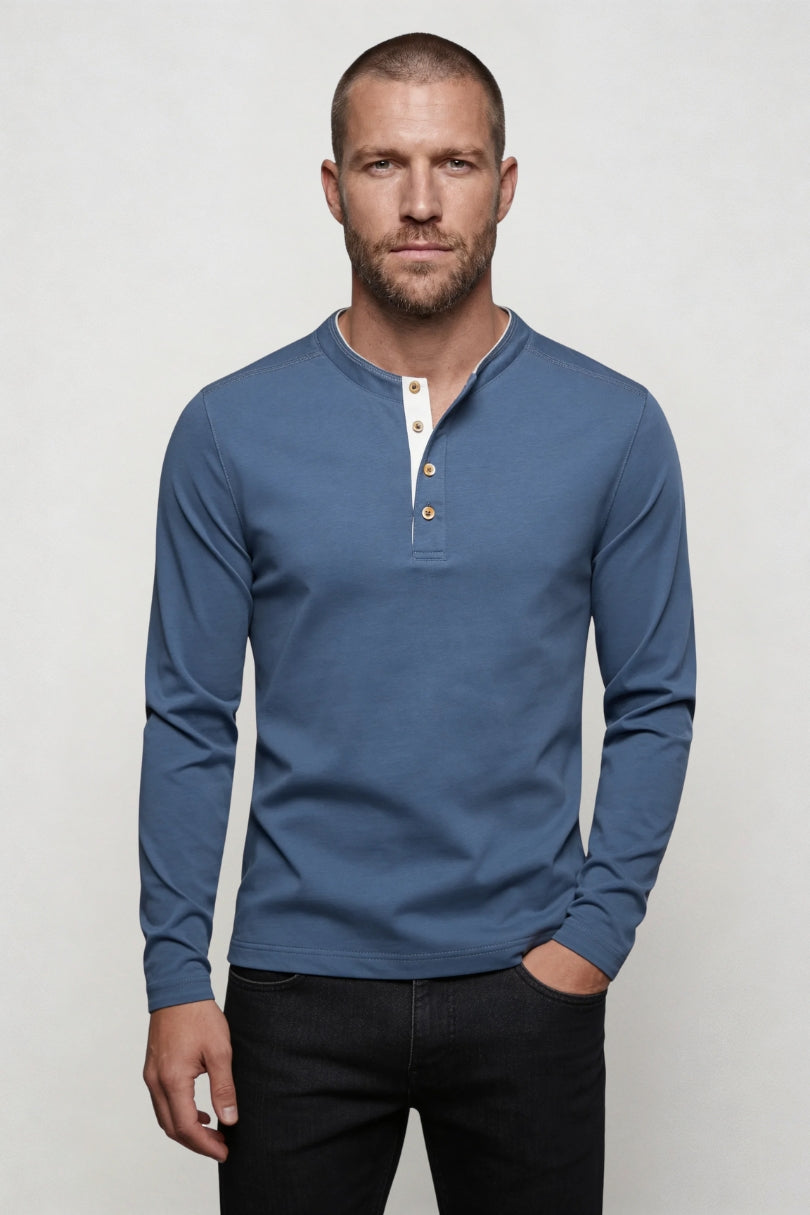 Wesley Cotton Henley Long Sleeve Shirt - Blue